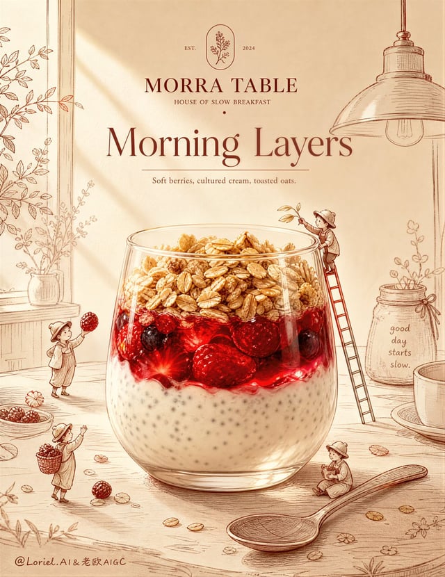 Create an ultra-premium breakfast parfait advertising poster for an original lifestyle cafe brand ca
