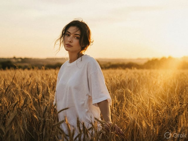 Warm golden hour film portrait, young woman walking slowly through a tall golden wheat field, glanci