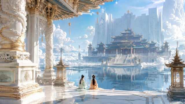 16:9 横向电影画幅，东方神界超尺度皇家建筑摄影，1980s Hong Kong fantasy wuxia cinematic language + modern photorealistic c