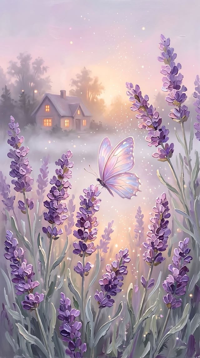 A dreamy, pastel-colored scene featuring a close-up of a delicate butterfly with iridescent pale pin
