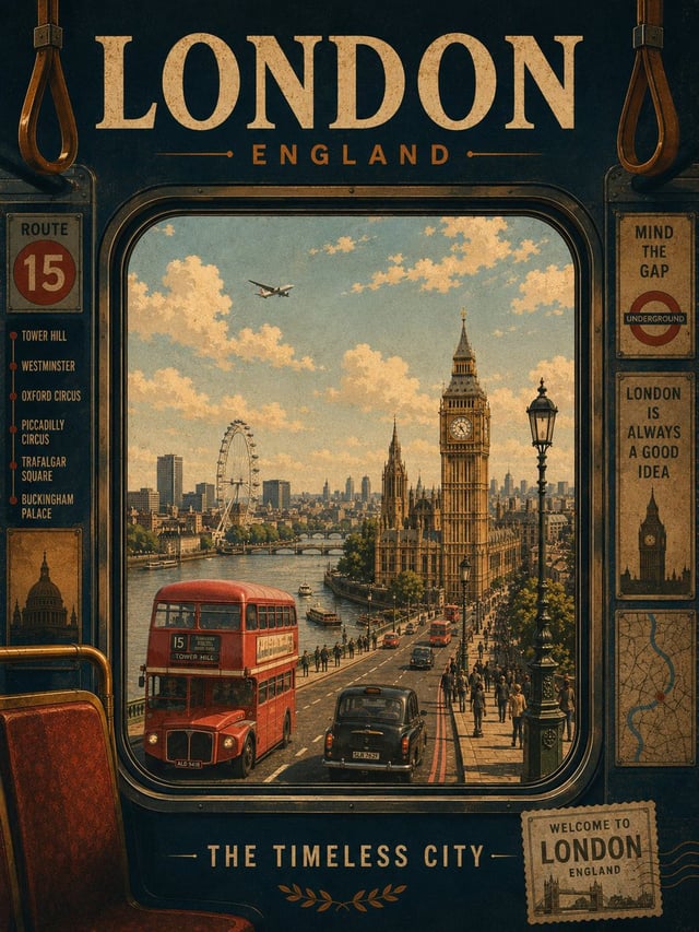 Create a collection of vintage retro travel posters for iconic world cities, using the uploaded refe