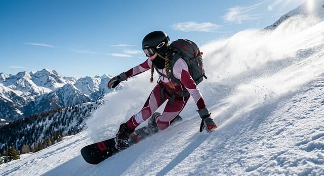 A dynamic action shot of a man snowboarder with a nice hairstyle wearing a modest, structured blue-a