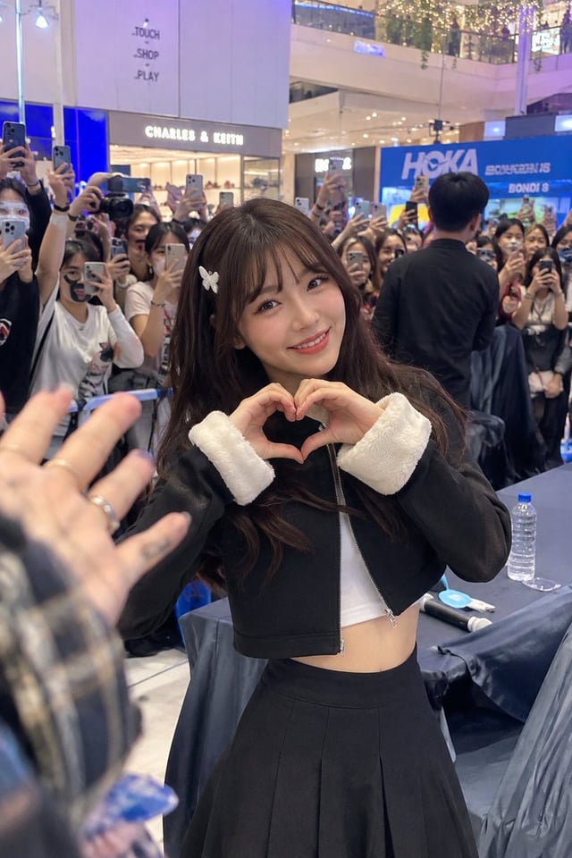 A candid vertical portrait of a cheerful young woman at a busy indoor fan event or shopping mall, sm