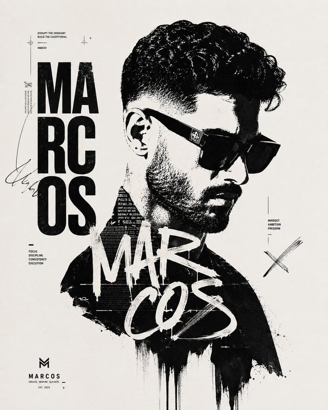 Create a premium monochrome editorial fashion poster featuring a stylish young man in a three-quarte
