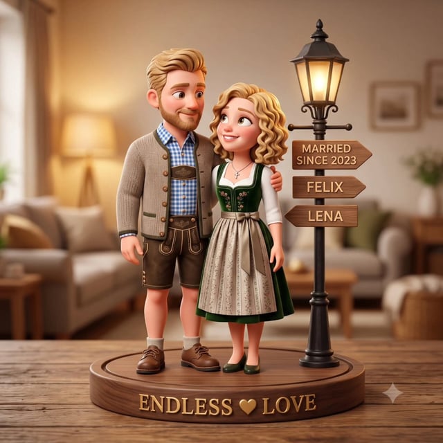 Create a cute premium 3D animated collectible figurine scene of the uploaded couple, using their pho