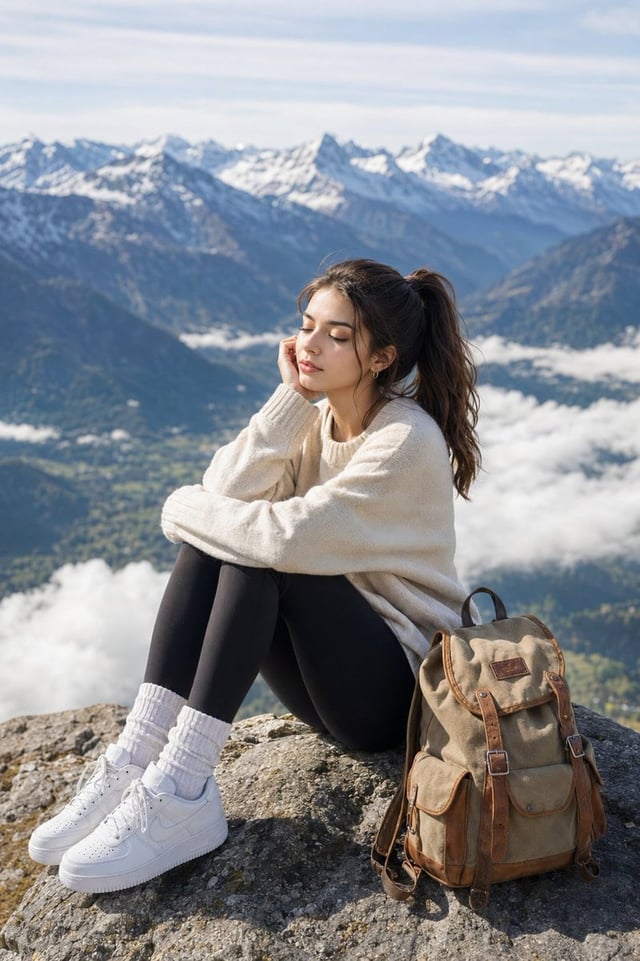 A photorealistic, high-resolution lifestyle photograph of the same young woman with brown hair style