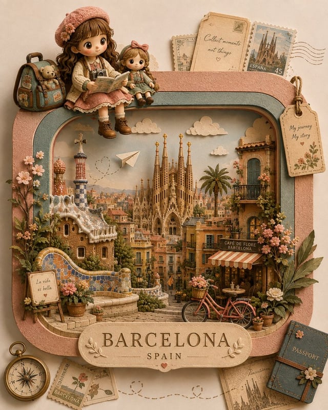 Create a premium handcrafted 3D paper-craft travel diorama centered around a little girl and her bel