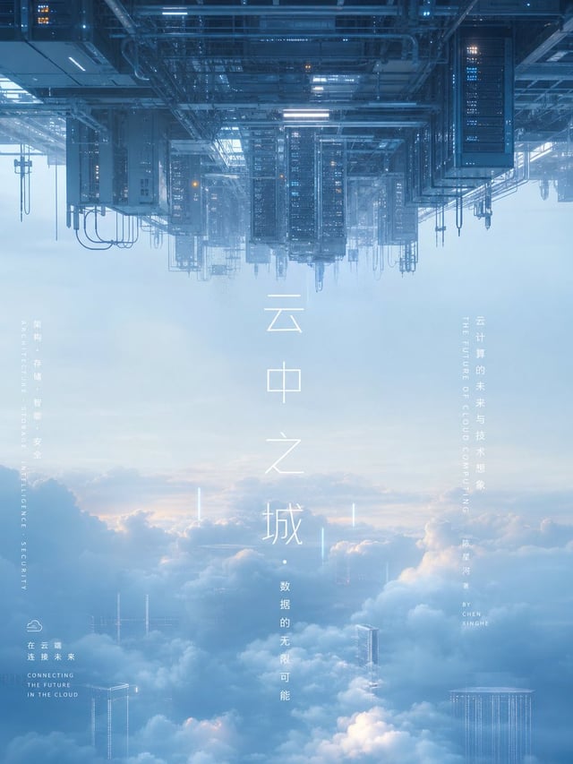 围绕[主题对象]生成冷静而带反重力感的书封或海报视觉：主题派生的环境剪影整体倒置压在上缘，边缘保留硬质结构、细小管线、悬垂轮廓和少量发光细节，像真实世界被翻转后贴在高处；下方展开大面积洁净云气与天空留