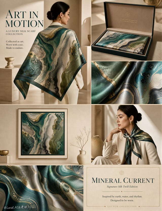 Create an ultra-premium editorial advertising poster for an original luxury silk scarf brand called 