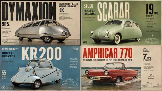 2x2 grid, 16:9, do this for 4 unusual classic cars that were real: