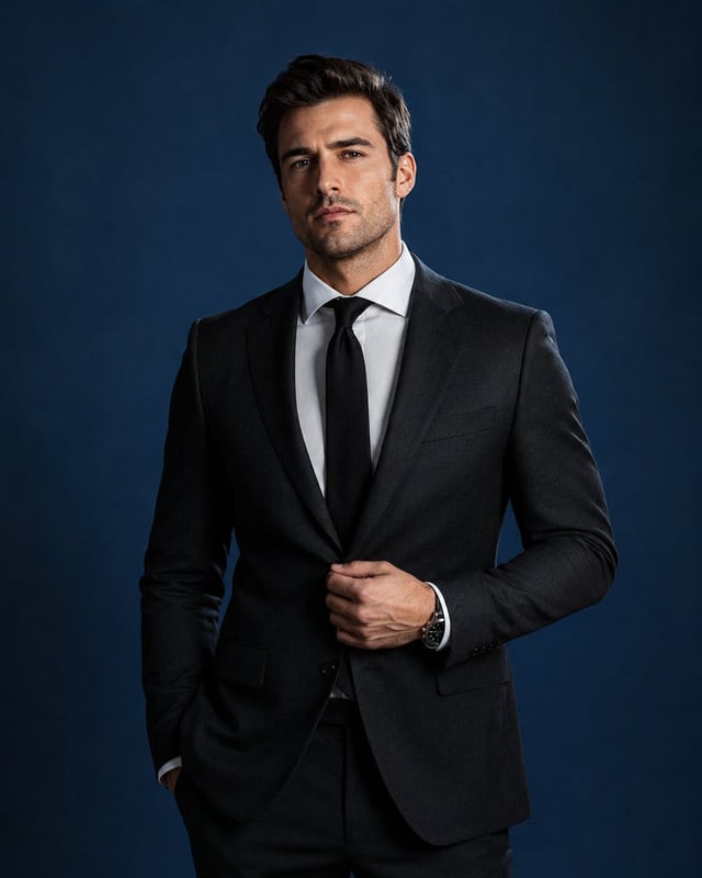 Create an ultra-photorealistic high-end studio photoshoot of a handsome European man dressed in soph