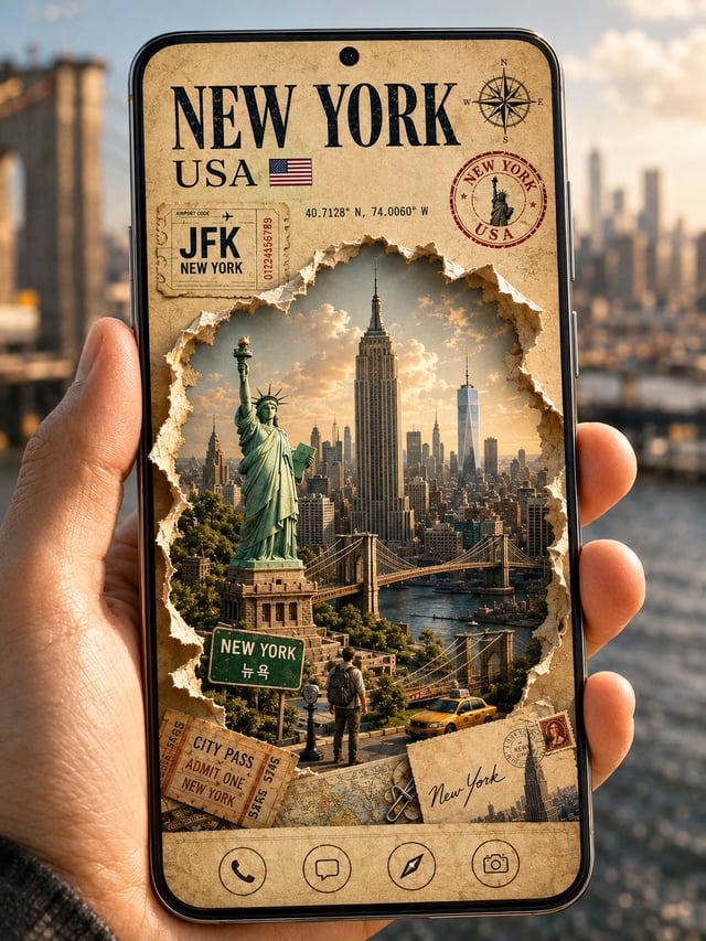 Create a premium cinematic 3D travel poster displayed on a modern frameless smartphone, naturally he