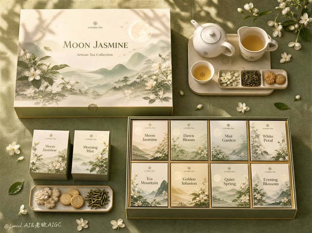 Create an ultra-premium top-down advertising poster for an original luxury tea gift brand called LUN