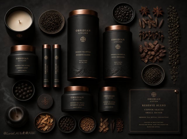 Create an ultra-premium top-down campaign poster for an original luxury ritual tea house called OBSI