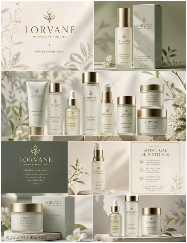 Create an ultra-premium skincare campaign poster for an original botanical beauty brand called LORVA