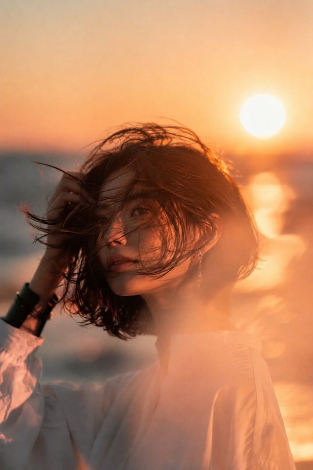 Beautiful young Asian woman at beach sunset, medium shot cinematic portrait. Short dark bob haircut 