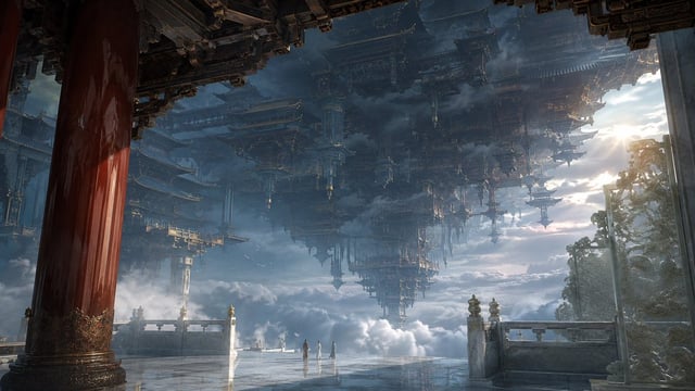 16:9 横向电影画幅，东方仙界超尺度环境场景，refined cinematic matte painting，photorealistic fantasy environment，灰蓝暮霭系。