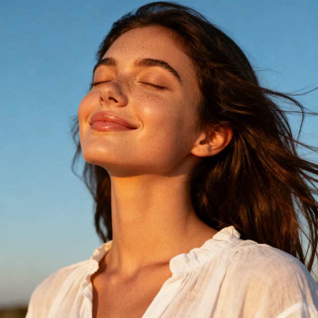 Ultra-realistic golden hour close-up portrait of a young woman outdoors, eyes gently closed with a s