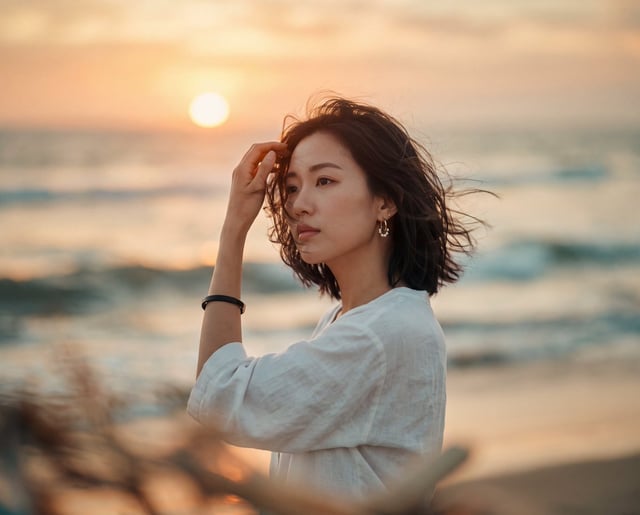 Beautiful young Asian woman at beach sunset, medium shot cinematic portrait. Short dark bob haircut 