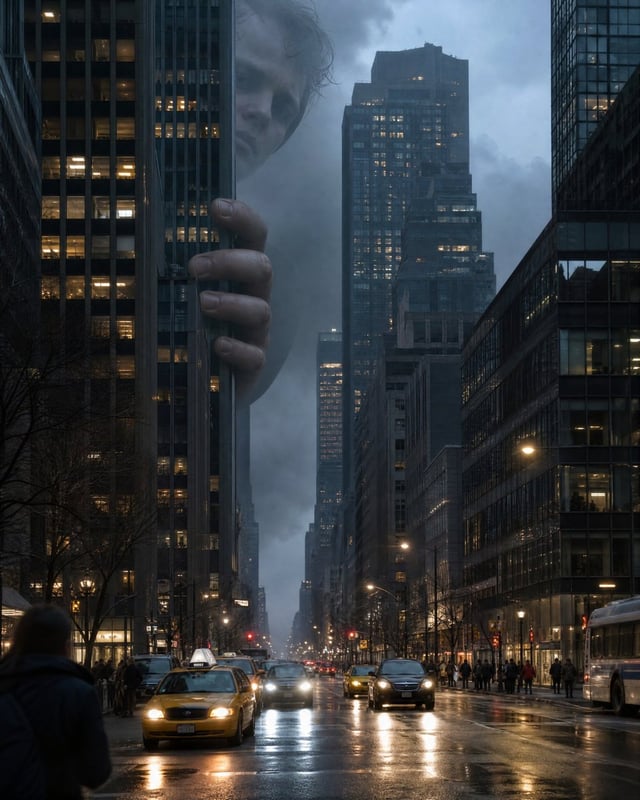 Create an extraordinarily photorealistic cinematic photograph of a normal modern city at blue hour, 