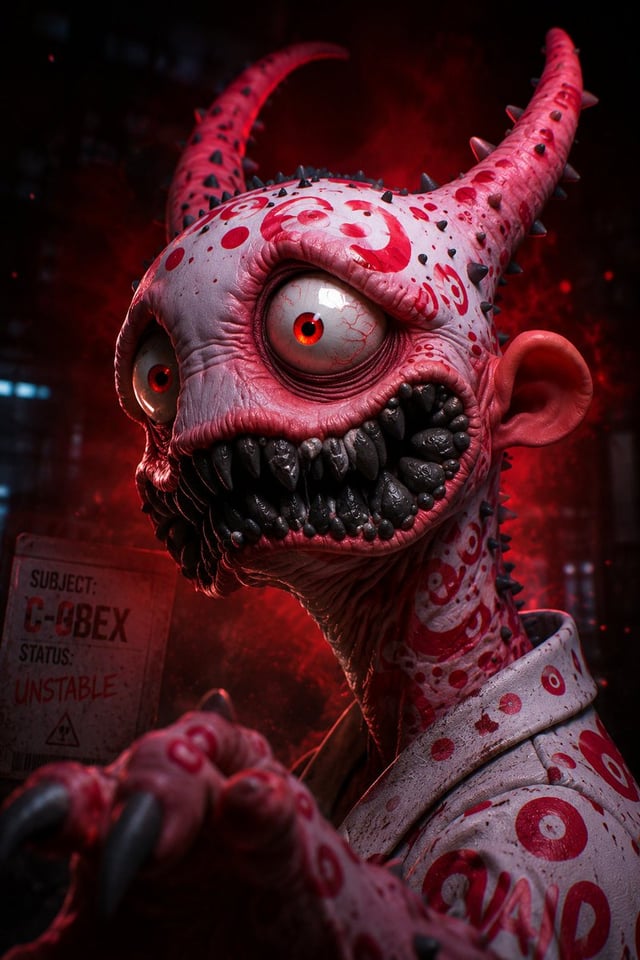 Create a hyperrealistic cinematic close-up portrait of a grotesque humanoid alien creature inside a 