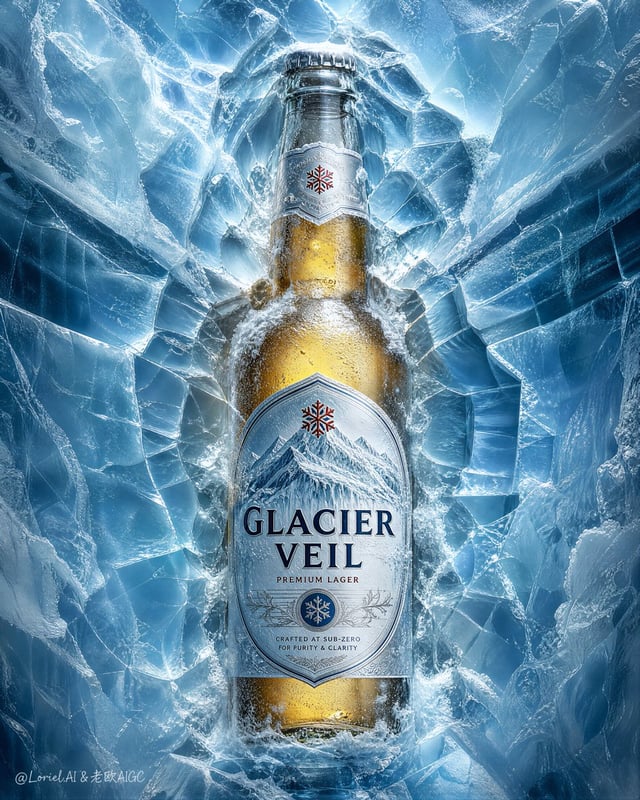 Create an ultra-premium frozen spirits advertising poster with a strict top-down macro product compo