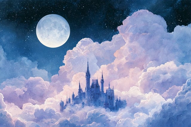[Subject] envisioned in a Celestial Watercolor Reverie, where ethereal clouds and starry skies blend