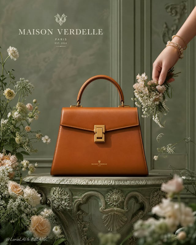 Create an ultra-premium luxury handbag advertising poster for a fictional high-end leather maison ca