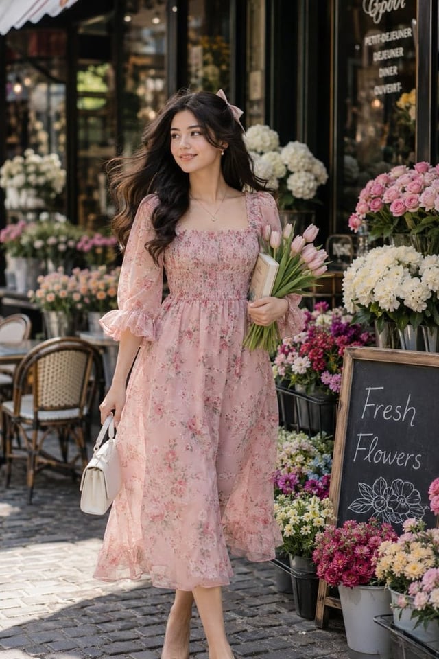 A high-end, cinematic lifestyle photograph of a graceful young woman with long, dark wavy hair walki