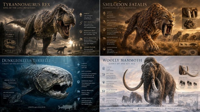 2x2 grid, 16:9, do this for 4 real prehistoric creatures that ruled the world: Create a commanding p