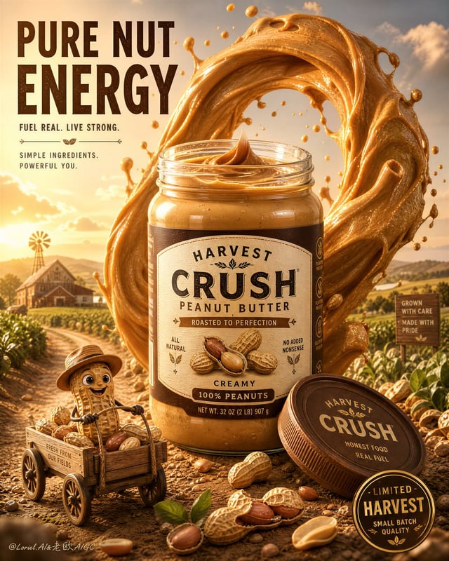 Create an ultra-premium commercial peanut-butter advertising poster in a polished stylized 3D realis