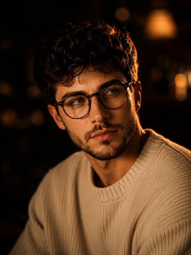 Ultra-realistic cinematic close-up portrait of a handsome young man with thick, naturally tousled da