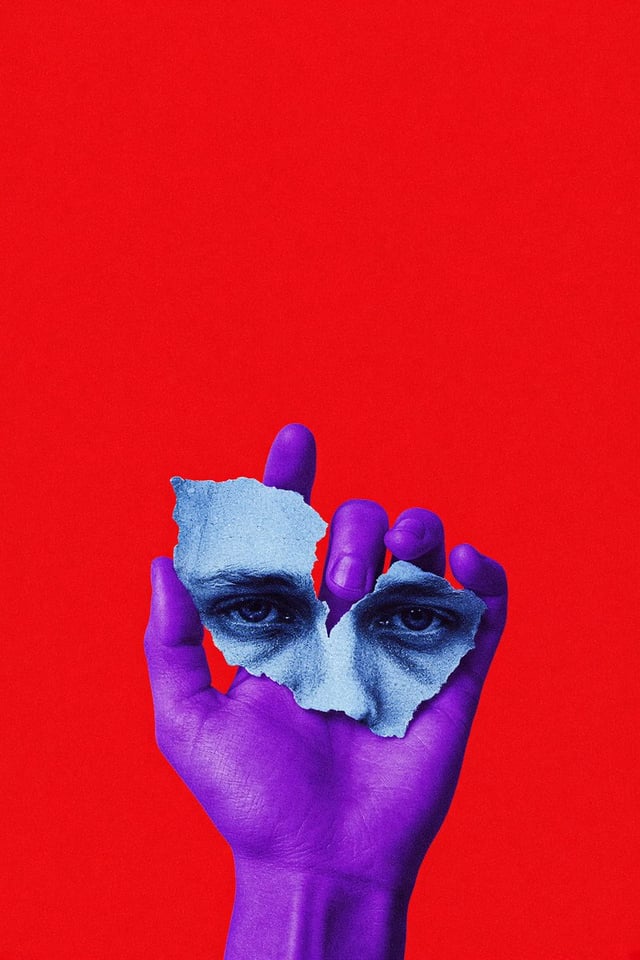 A flat bright red poster background with nothing else in it. From the bottom of the frame a violet p