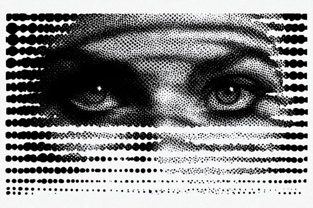 A Halftone Noir Deconstruction of [Subject], where dot patterns of varying sizes create tonal gradie