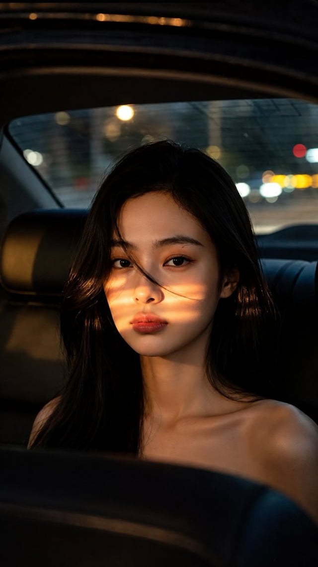A cinematic, photorealistic close-up portrait of a young East Asian woman sitting in the back seat o
