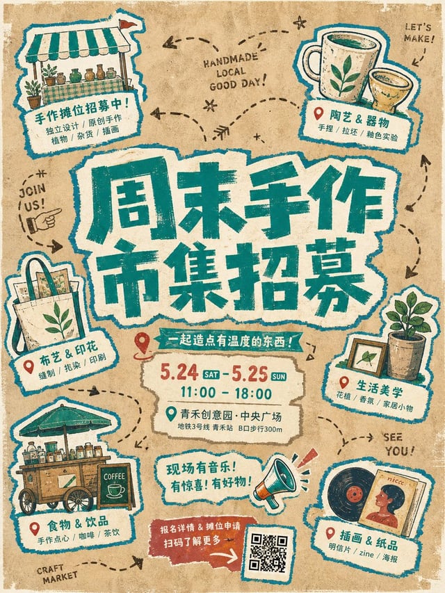 第一眼以一组不规则叠压的荧光色手撕纸标题块形成强烈视觉锚点：主标题巨大、居中、分行错落，字形像粗笔刷与剪纸共同构成，笔画厚重，边缘毛糙断续，转角夸张，内白大小不一，局部轻微错位，让文字像手工印刷的图形