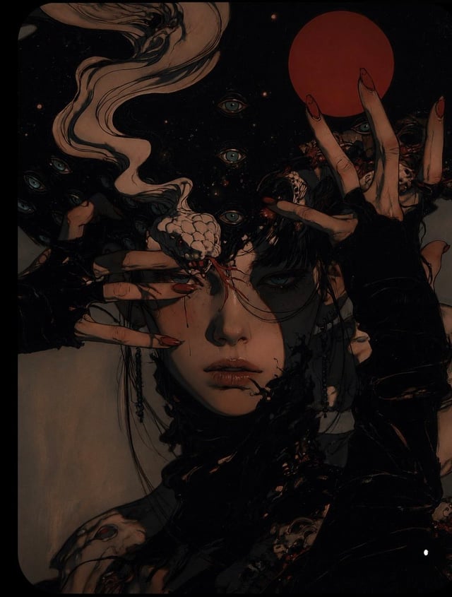 A highly detailed surreal gothic horror portrait of a pale young woman with short black hair, center