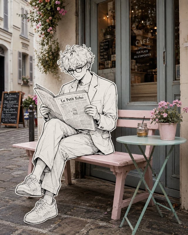 Create a surreal editorial street photograph that seamlessly blends a real-life Parisian café exteri