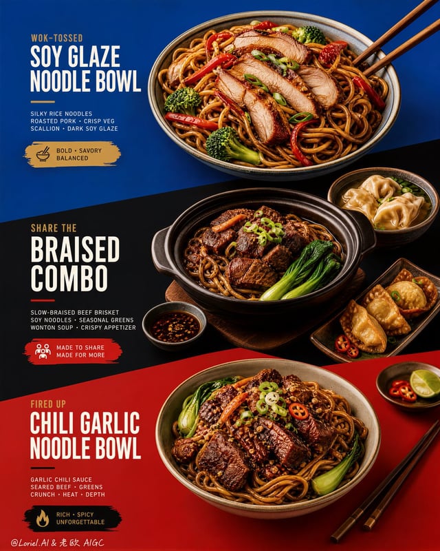 Create an ultra-premium restaurant advertising poster that merges Orbit-style compositional force wi
