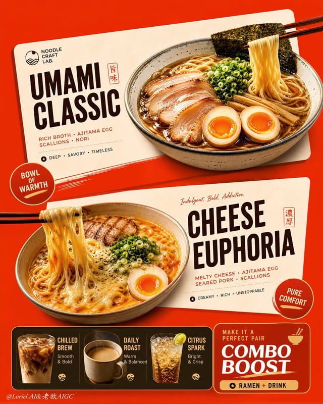 Create an ultra-premium vertical restaurant advertising poster that merges Orbit-style compositional