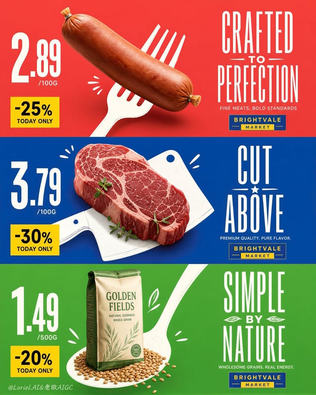 Create an ultra-premium vertical triptych supermarket campaign poster composed of three stacked hori