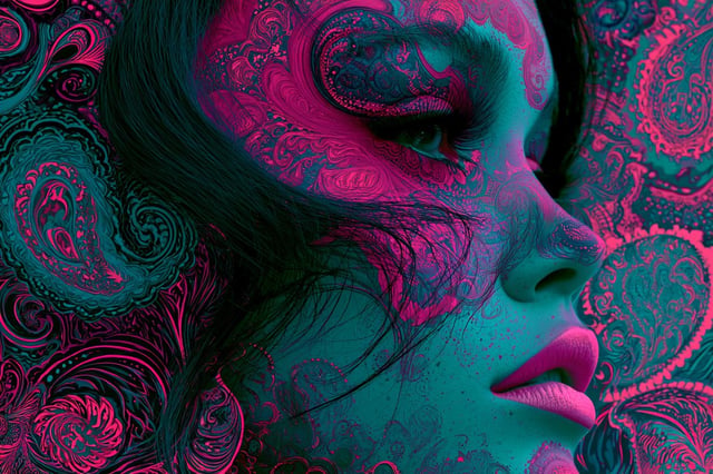 A Psychedelic Paisley Swirl portrayal of [Subject], with intricate patterns and vibrant colors. Empl