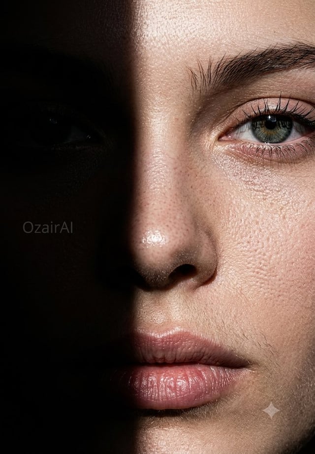 Use the exact same face from the reference image. Extreme close-up — eyes to lips, nothing else.