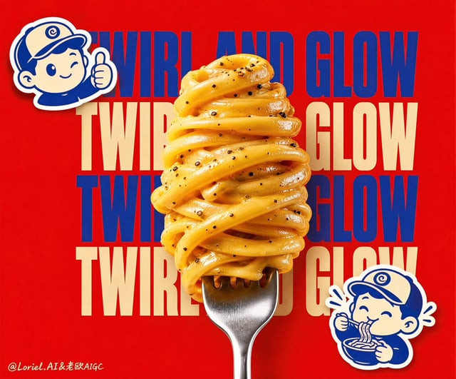 Create a Cannes-level premium poster for a fictional pasta snack brand called TWIRLA, refined into a