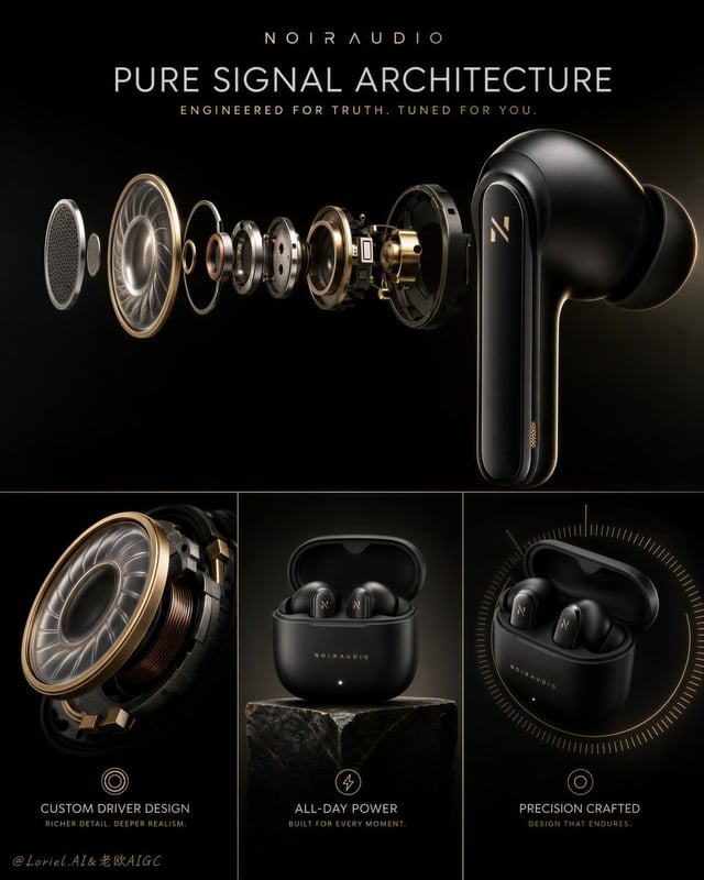 Create a premium square launch poster for a fictional wireless earbuds brand called NOIRAUDIO, refin