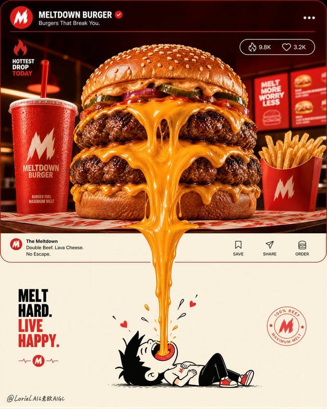 Create a bold vertical fast-food campaign poster for a fictional burger brand called MELTDOWN BURGER