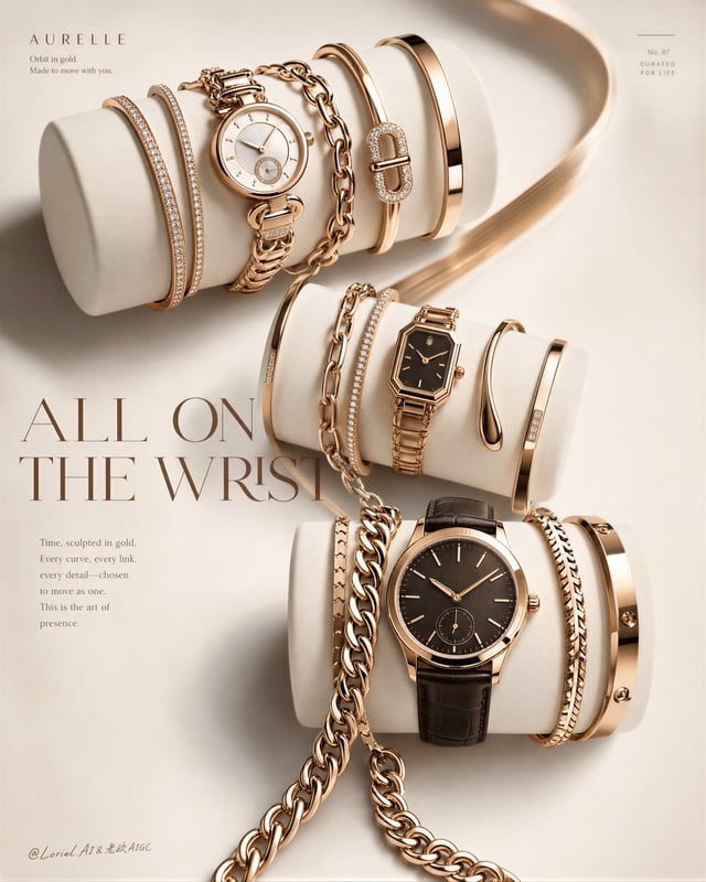 Create an ultra-premium editorial jewelry and watch campaign poster for a fictional luxury accessori