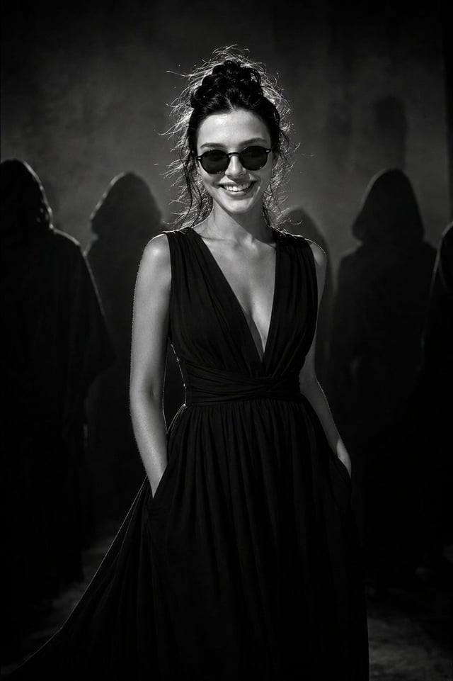 A young woman with tousled dark hair in a loose messy bun, wearing round dark sunglasses and a wide 