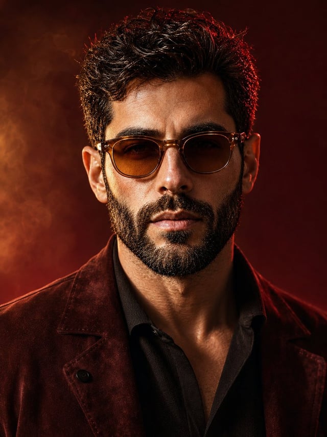 A cinematic, ultra-realistic close-up portrait of a stylish man, using the provided image as an accu