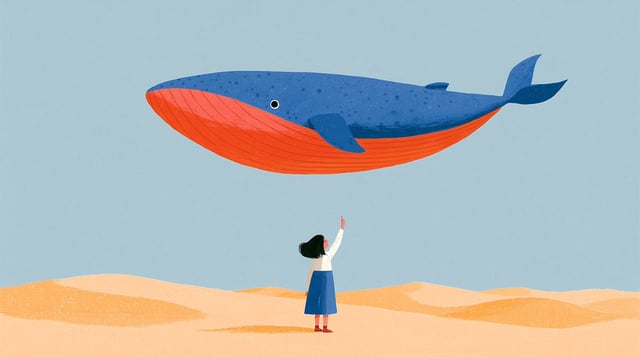 Girl reaching her hand up to a giant whale flying high over the desert